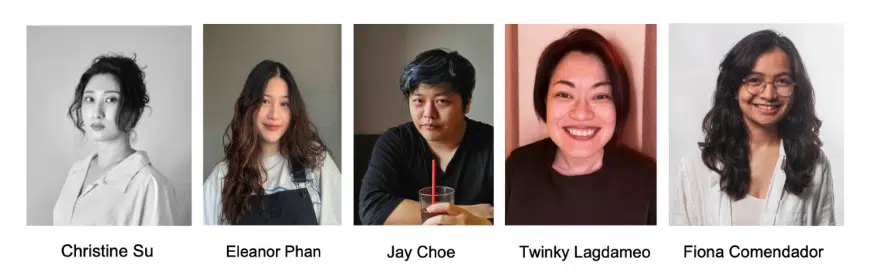 Un conjunto de cinco personas, cada una en un retrato separado, con sus nombres etiquetados debajo: Christine Su, Eleanor Phan, Jay Choe, Twinky Lagdameo y Fiona Comendador.